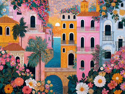The image is a vibrant and colorful painting depicting a tropical city scene with buildings, flowers, and a bridge.