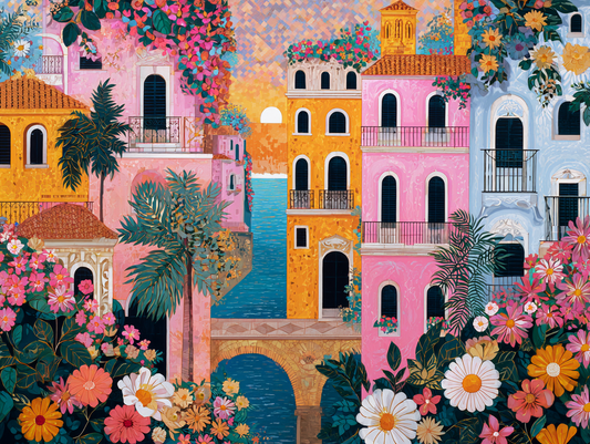 The image is a vibrant and colorful painting depicting a tropical city scene with buildings, flowers, and a bridge.