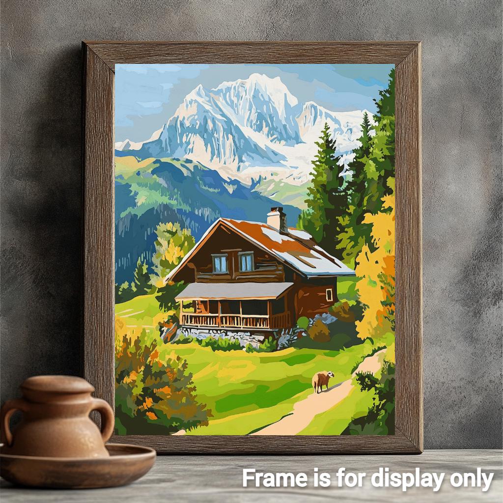 a painting of a cabin in the mountains