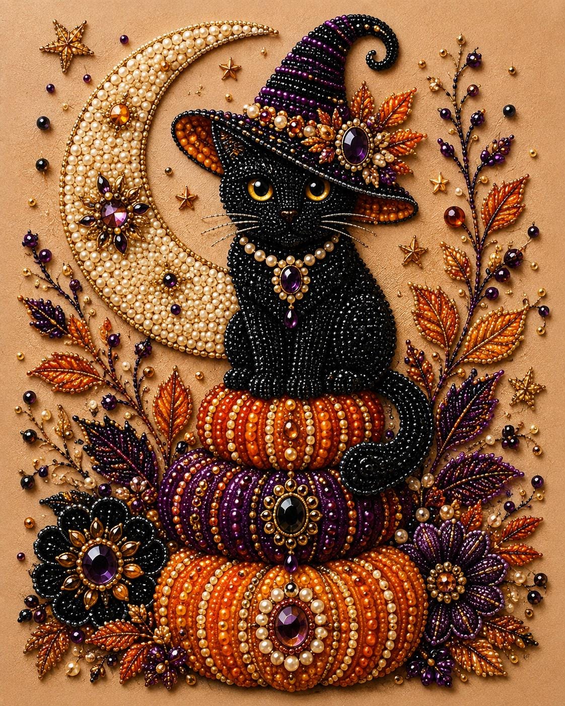 A detailed beaded and embroidered Halloween-themed artwork depicting a black cat wearing a witch's hat, sitting atop a stack of orange and purple pumpkins, surrounded by various autumn-themed elements such as leaves, flowers, and stars.