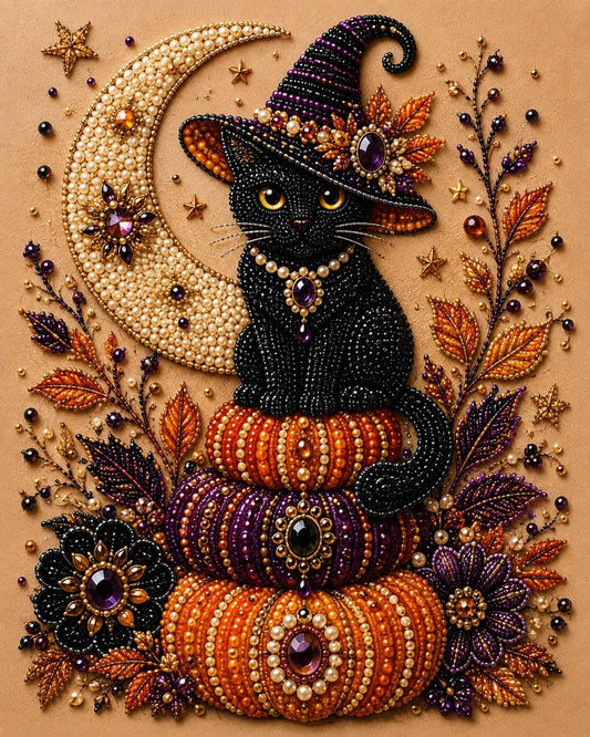 A detailed beaded and embroidered Halloween-themed artwork depicting a black cat wearing a witch's hat, sitting atop a stack of orange and purple pumpkins, surrounded by various autumn-themed elements such as leaves, flowers, and stars.