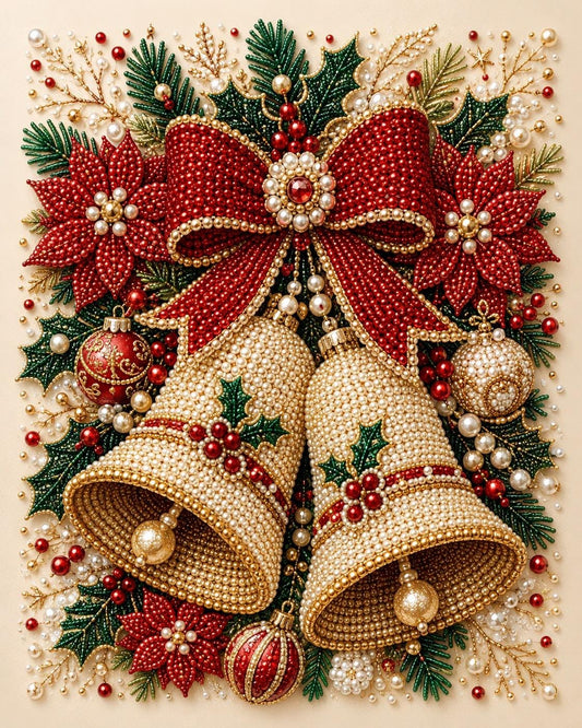 a festive arrangement of Christmas decorations, including two bells, a bow, poinsettias, berries, and other ornaments.