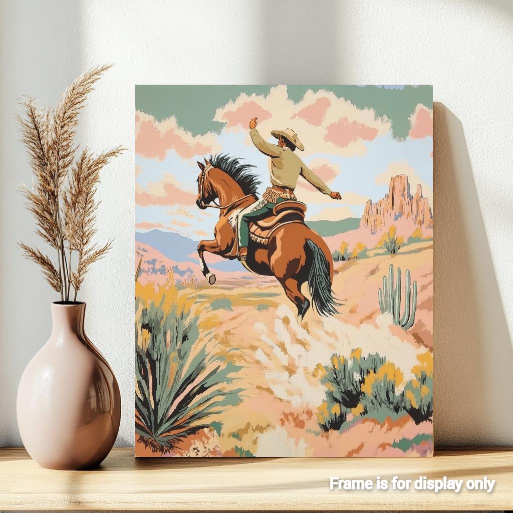 a painting of a man riding a horse in the desert
