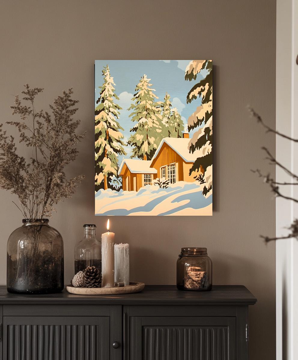 a painting of a cabin in the snow