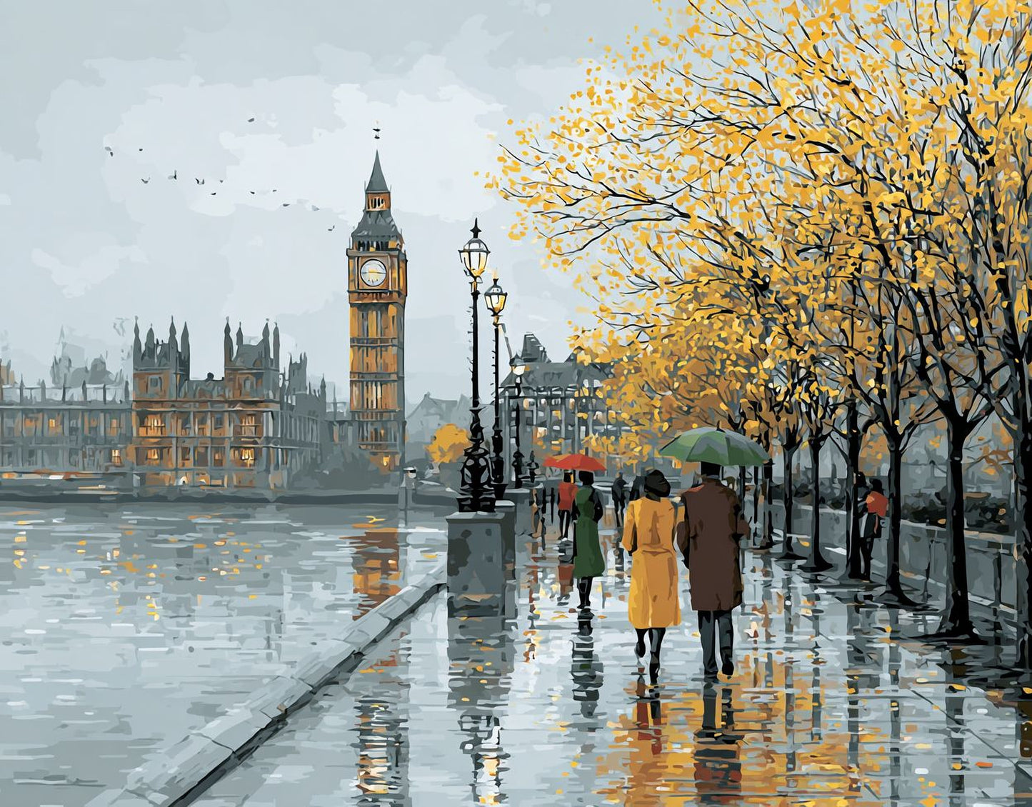 a rainy day in London, with people walking along the River Thames and the iconic Big Ben clock tower in the background.