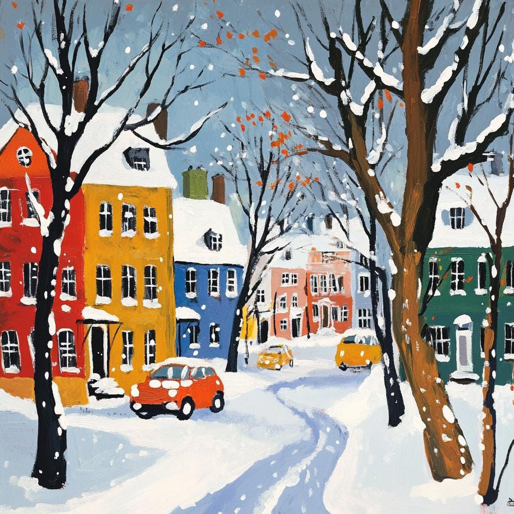 a painting of a snowy street with parked cars