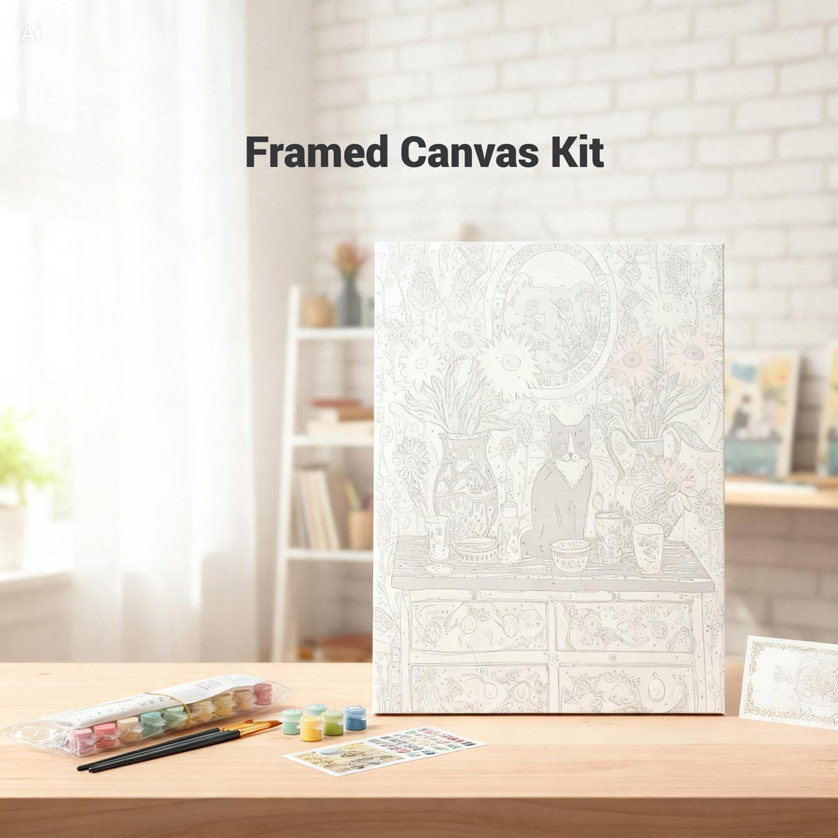 a framed canvas kit with a detailed illustration of a table and various objects, such as vases and bowls, on it. The kit is placed on a wooden table, and there are some art supplies and a card visible in the foreground.