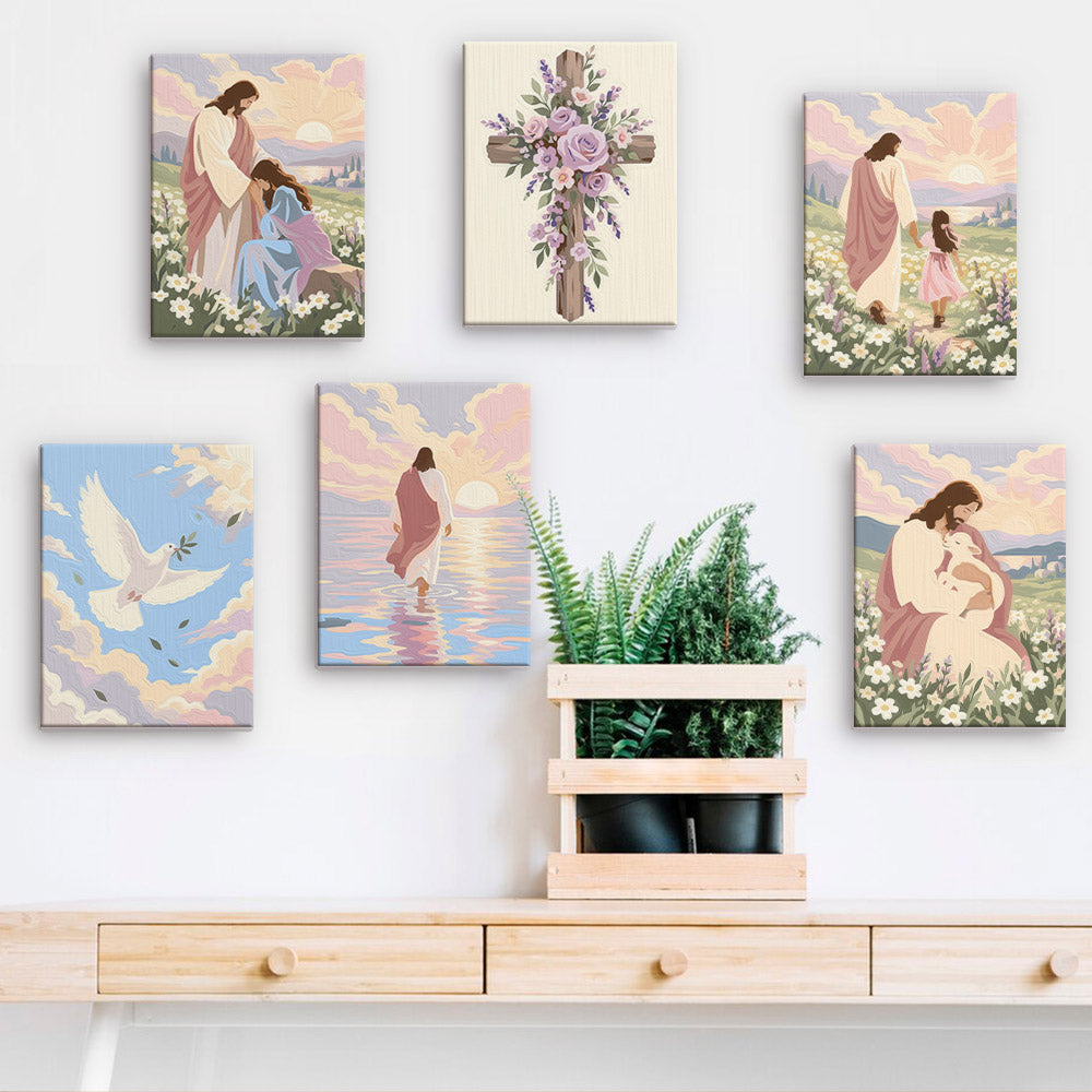 a wall with six framed artworks depicting various scenes, including a person with a cross, a person in a field, and a person holding a baby. The artworks are arranged in a row, and there is a wooden shelf below them.