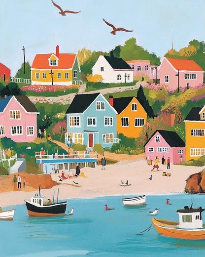 A vibrant and colorful painting depicting a lively seaside town with colorful houses, boats, and people enjoying the beach and water.