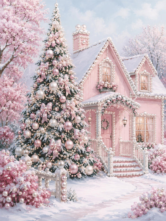 A beautifully decorated pink house with a large Christmas tree in front of it, surrounded by snow and pink flowers.
