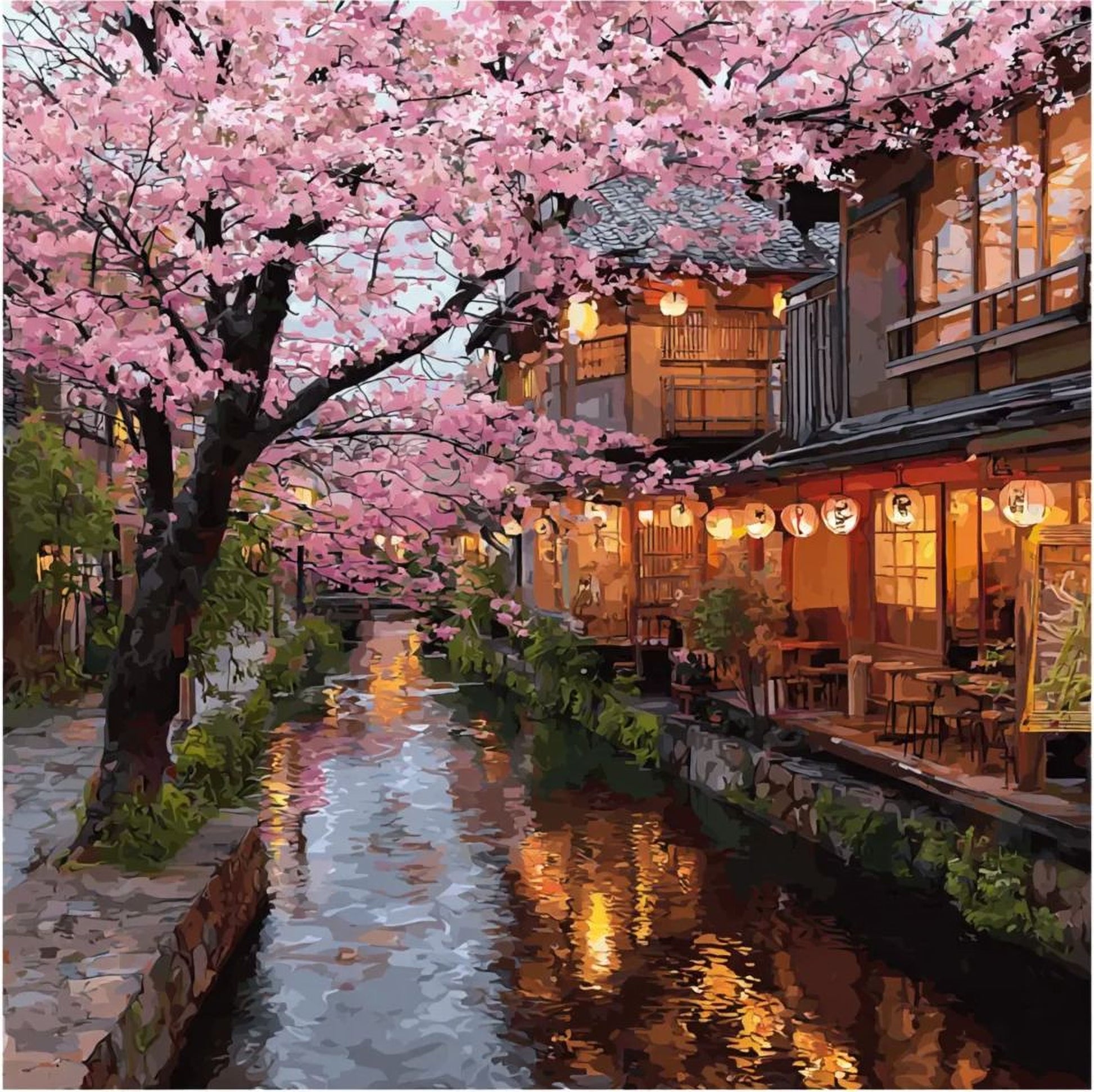 A picturesque scene of a canal in a city, lined with traditional Japanese buildings and surrounded by cherry blossom trees in full bloom. The buildings are illuminated with warm lighting, creating a cozy and inviting atmosphere. The canal reflects the surrounding scenery, adding to the overall charm of the scene.