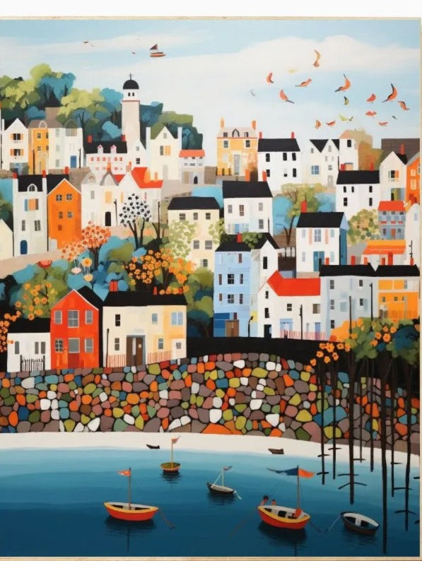 The image is a vibrant and colorful painting depicting a picturesque coastal town with a variety of buildings, trees, and boats on the water.