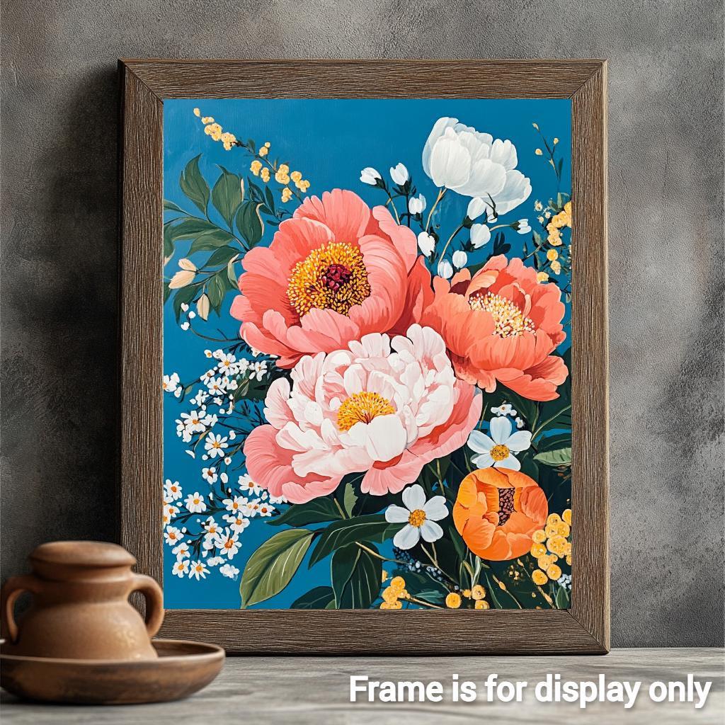 a painting of flowers on a blue background