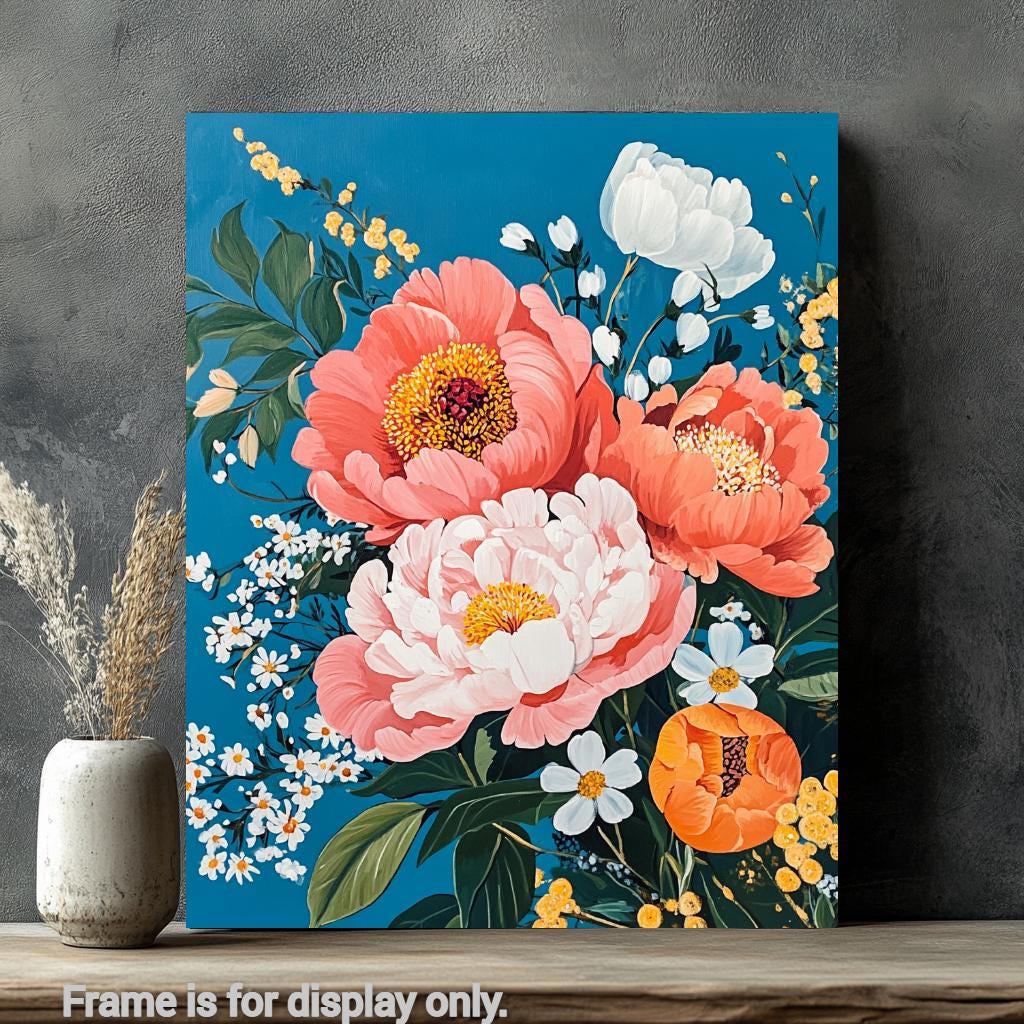 a painting of flowers on a blue background