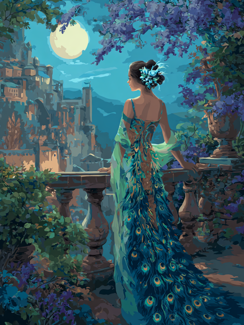 A woman in an elaborate peacock feather dress stands on a balcony, gazing out at a cityscape under a full moon.