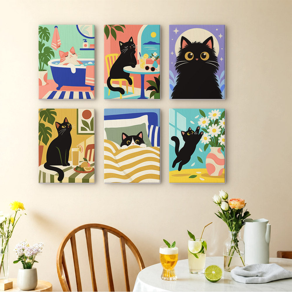 The image is a collage of six colorful paintings depicting cats in various playful and whimsical scenes, including a cat in a bathtub, a cat sitting on a chair, and a cat looking out a window.