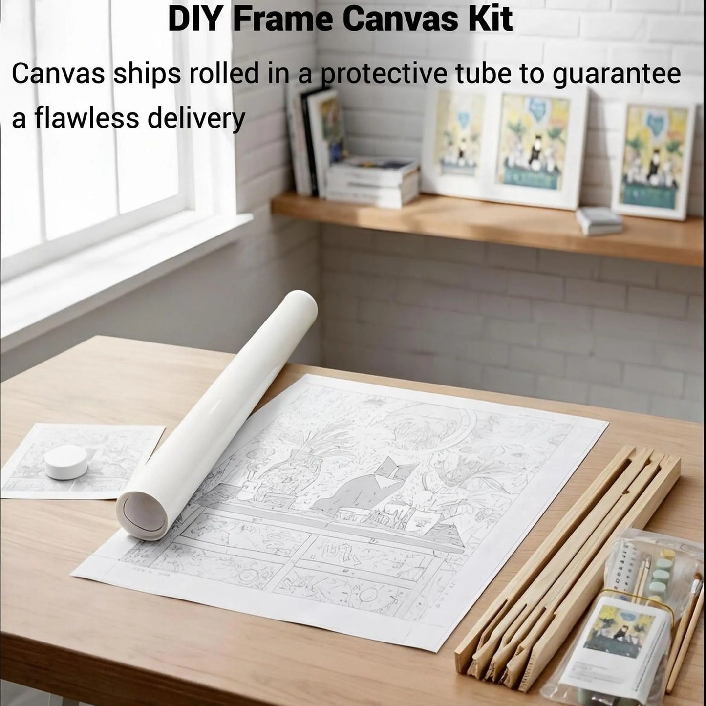 a DIY frame canvas kit on a wooden table, with a roll of paper and various art supplies such as paintbrushes and pencils.