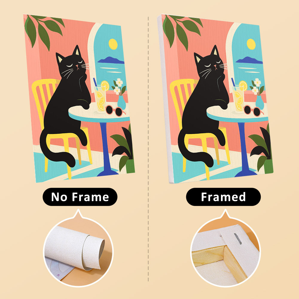 The image is a collage of two pictures, one with a black cat sitting at a table and the other without a frame. The text indicates that the image without a frame is labeled "No Frame" and the one with a frame is labeled " Framed".