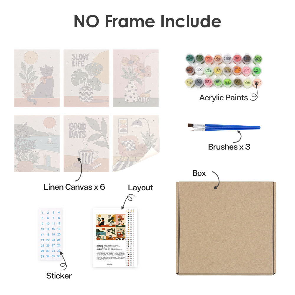 various art supplies and materials, including a "NO Frame Include" sign, acrylic paints, brushes, a box, a liner canvas, and a sticker.