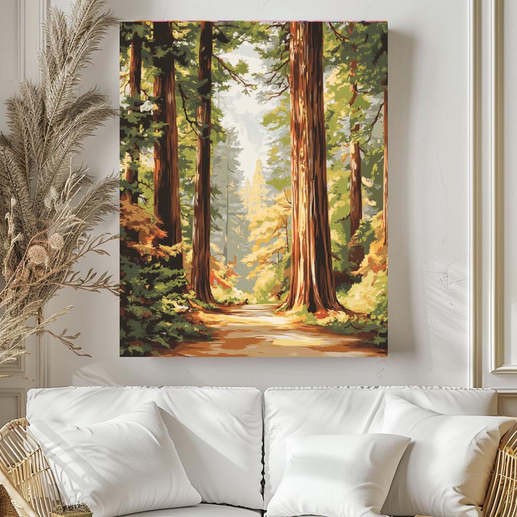 a living room with a couch and a painting on the wall