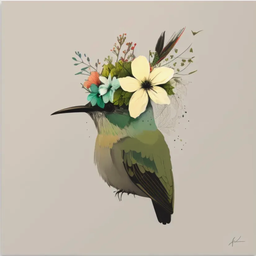 A colorful bird with a flower crown on its head, surrounded by various flowers and foliage.