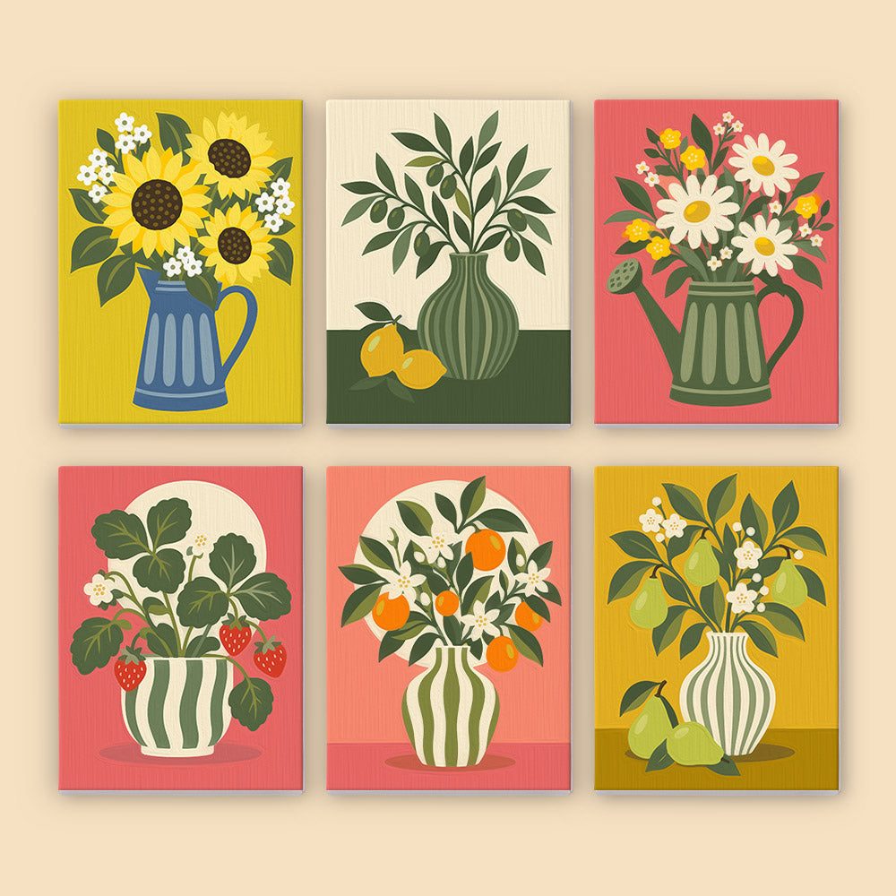 six colorful and stylized illustrations of vases with flowers and fruits, including sunflowers, lemons, daisies, pears, and strawberries.