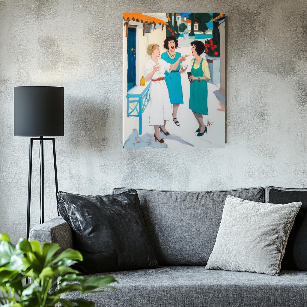 a gray couch with black and white throw pillows, and a framed painting of three women in blue dresses hanging on the wall above it.