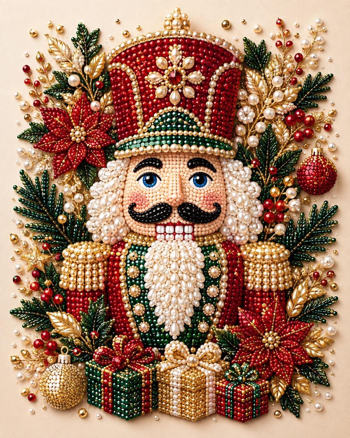 A detailed beadwork illustration depicting a nutcracker figure surrounded by various Christmas decorations, including flowers, leaves, and ornaments.