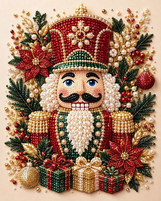 A detailed beadwork illustration depicting a nutcracker figure surrounded by various Christmas decorations, including flowers, leaves, and ornaments.