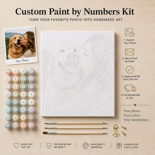The image is a promotional image for a Custom Paint by Numbers kit, which allows users to turn their favorite photo into handmade art. It features a canvas with a sketch of a dog, paintbrushes, and various paint colors arranged on a wooden surface.