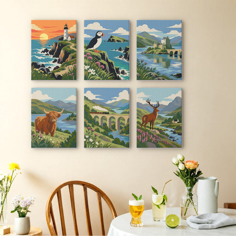 a wall with six colorful paintings depicting various landscapes, including a lighthouse, a castle, a deer, a bridge, a river, and a sunset.