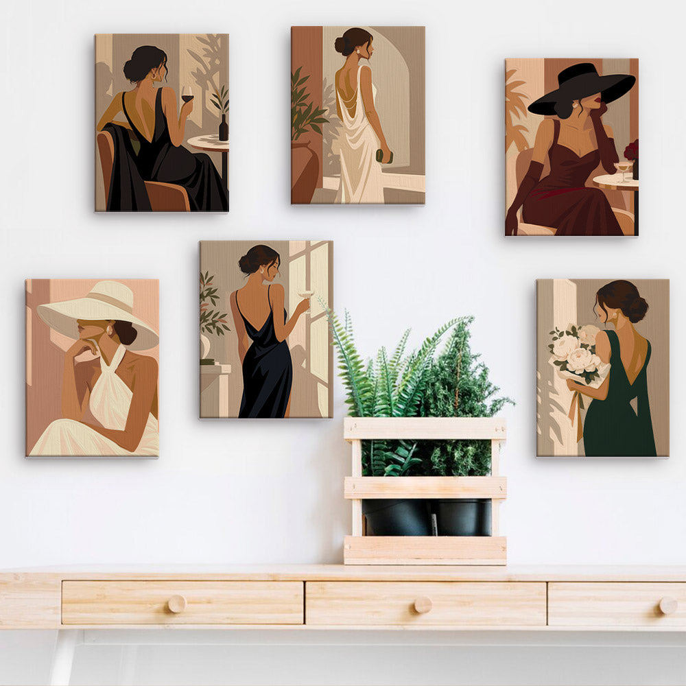 The image is a wall display featuring six framed artworks depicting women in various elegant poses, including one with a wine glass and another with a bouquet of flowers.
