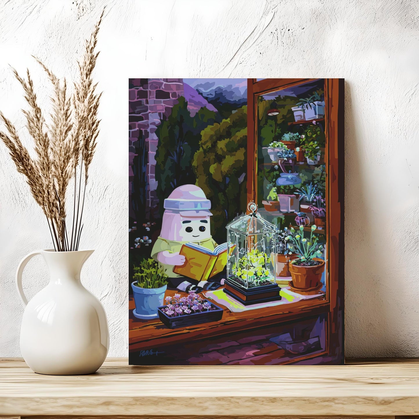 a whimsical scene of a person reading a book while surrounded by a variety of potted plants and flowers, with a glass greenhouse in the background.