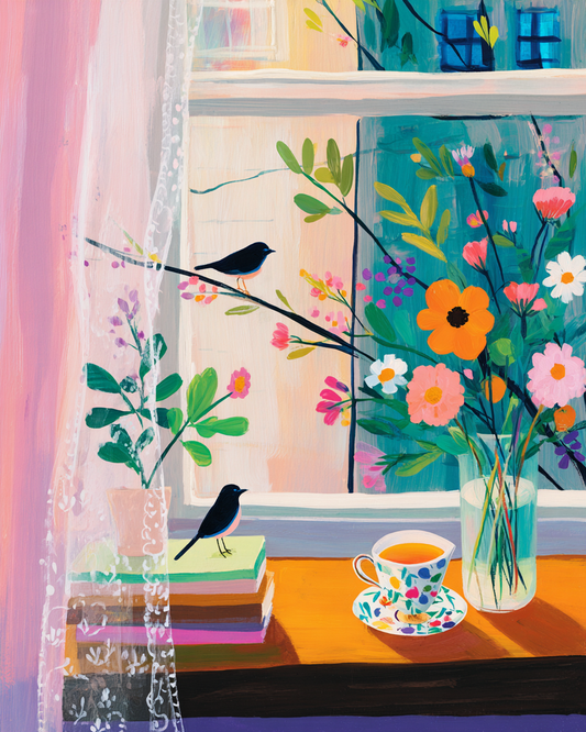 The image is a vibrant and colorful painting depicting a serene indoor scene with a bird perched on a windowsill, a vase of flowers, and a cup of tea.