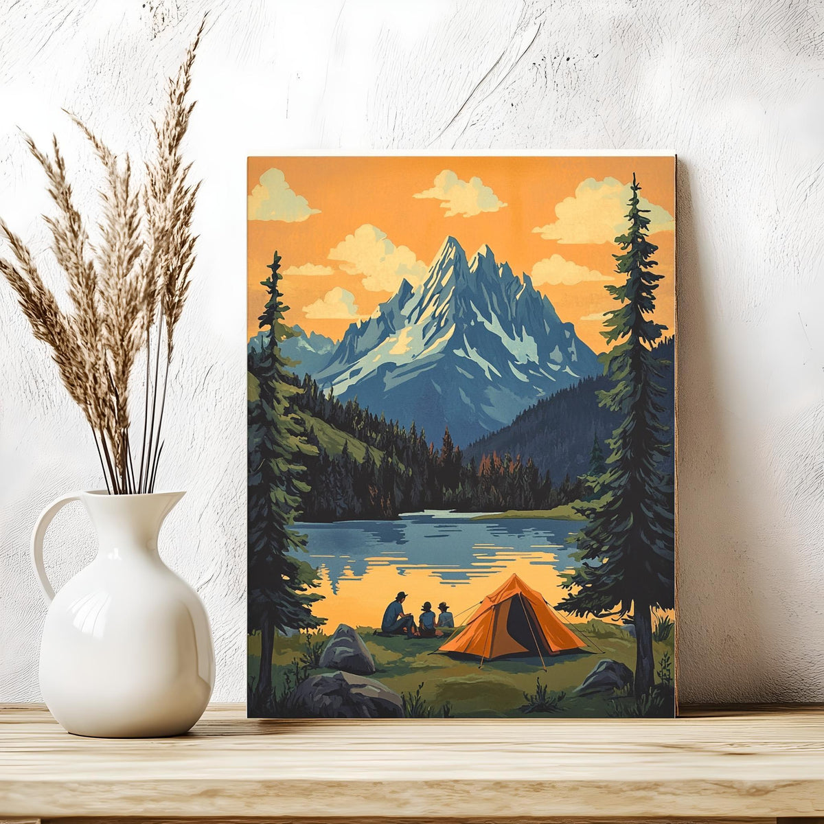 a painting of a camping scene with a tent in the foreground