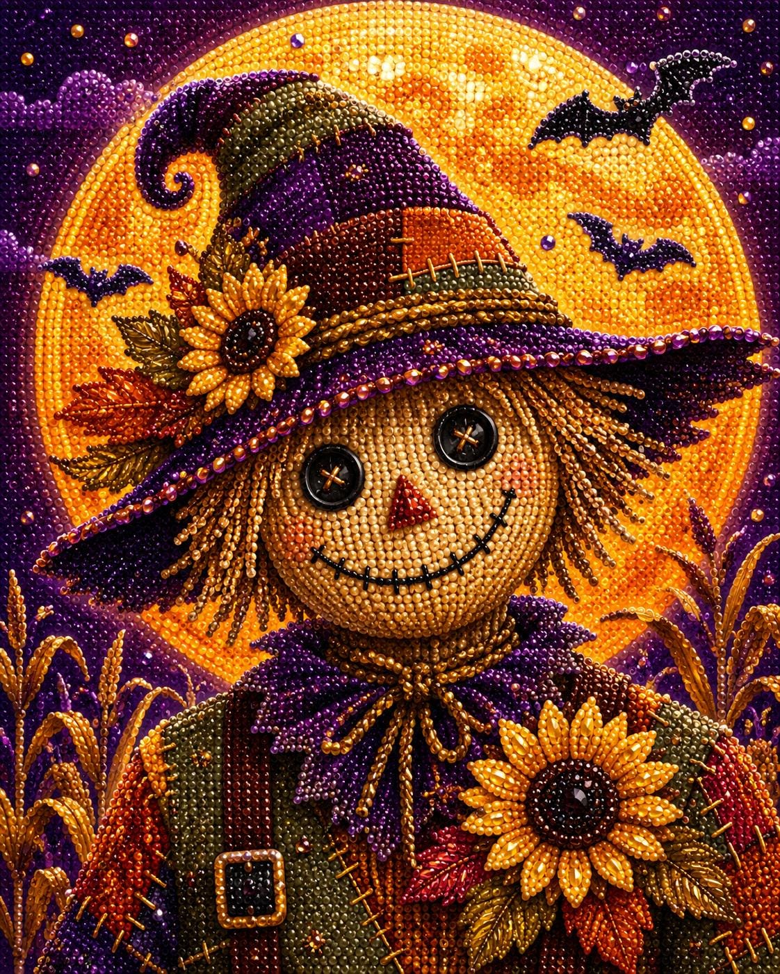 A detailed and colorful illustration of a scarecrow with a large yellow sunflower on its chest, wearing a purple hat and holding a lantern, set against a backdrop of a full moon and bats.
