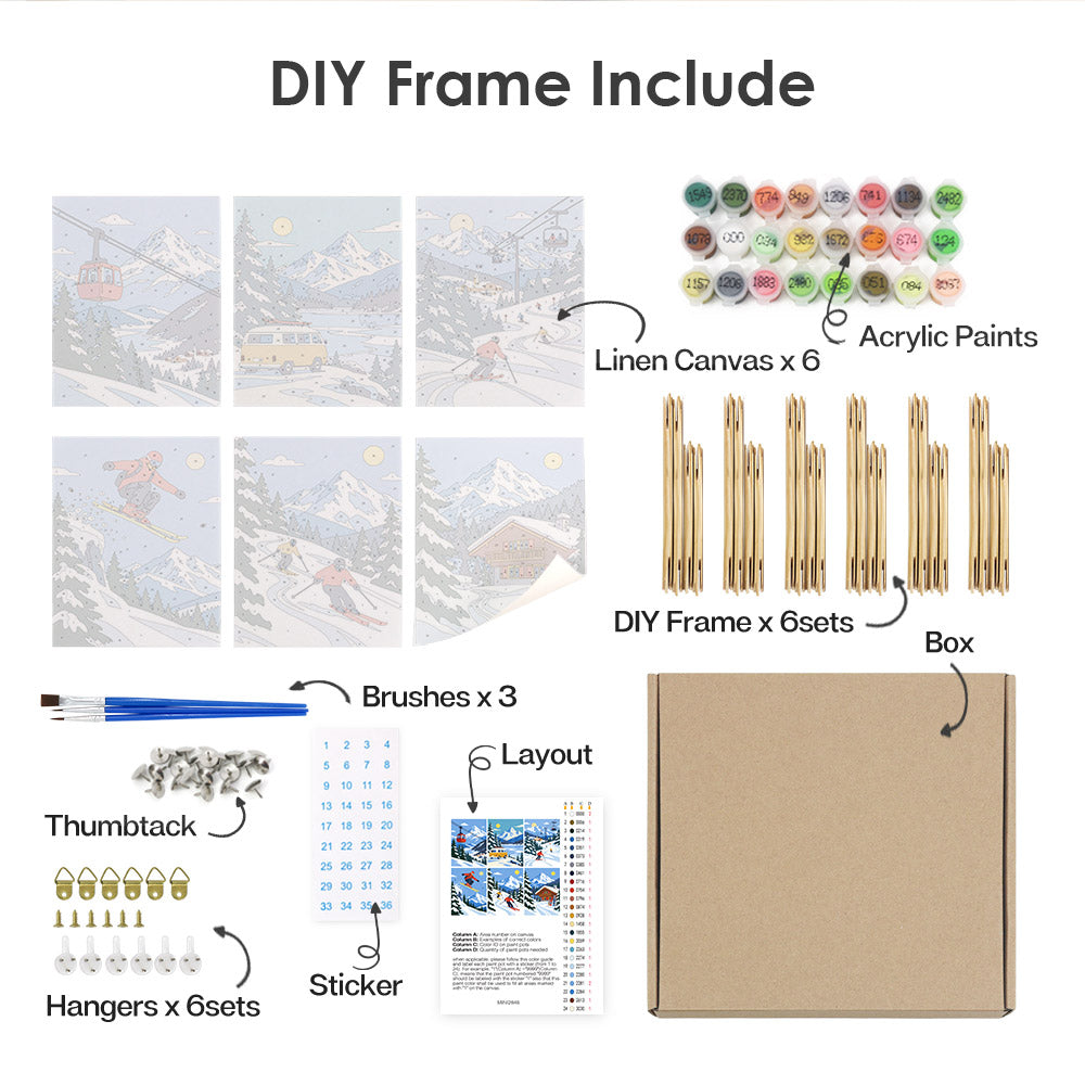 various DIY frame and painting supplies, including a DIY frame kit, acrylic paints, brushes, a box, and a sticker.
