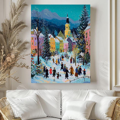 a snowy village scene with people walking through the snow-covered streets, surrounded by colorful buildings and trees.