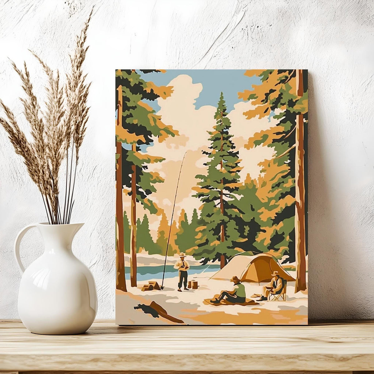 a painting of a camping scene with a tent and trees