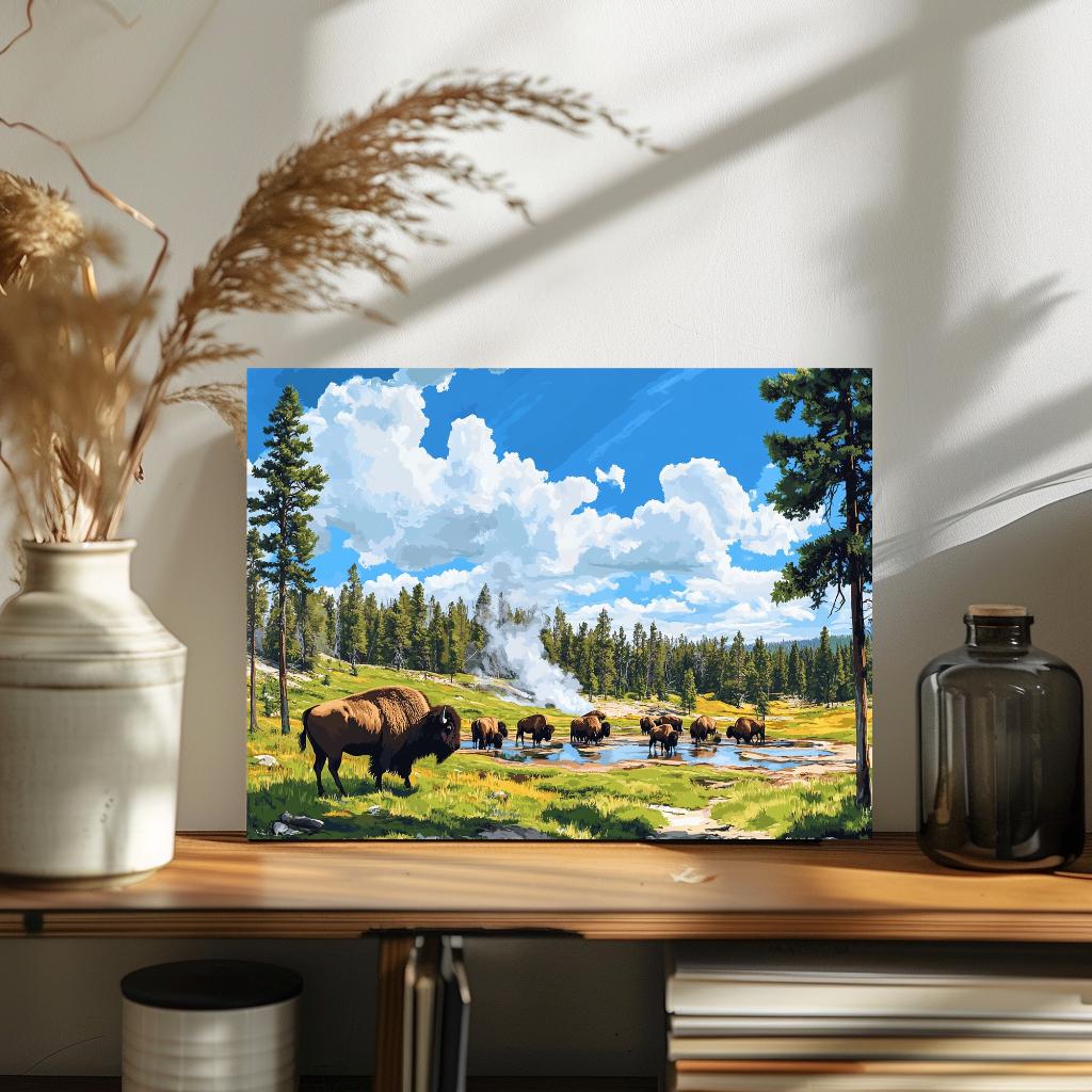 a painting of a herd of bison in a field