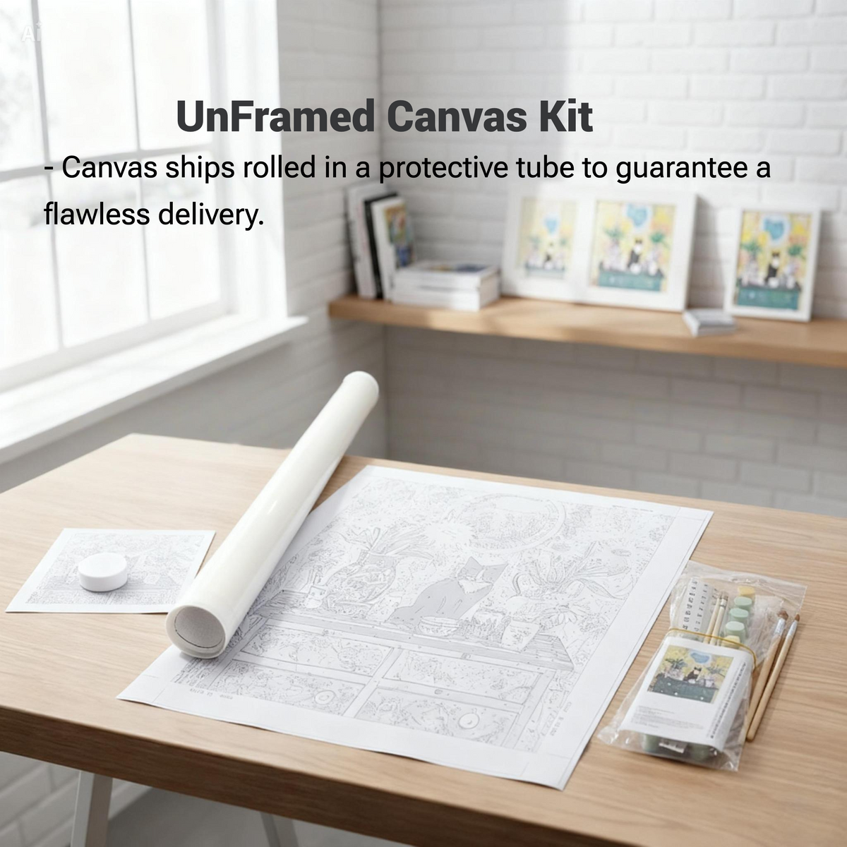a wooden desk with a large canvas kit, a roll of paper, and various art supplies such as paintbrushes and a palette.