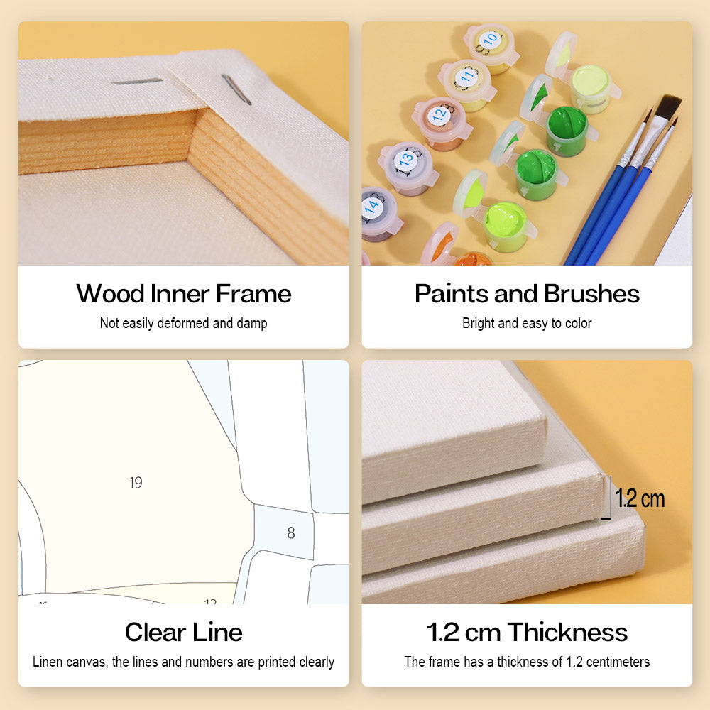 The image is a collage of four photos, each depicting different aspects of painting and framing. The first photo shows a wooden inner frame, the second photo displays paints and brushes, the third photo features a clear line canvas, and the fourth photo shows the dimensions of the frame.
