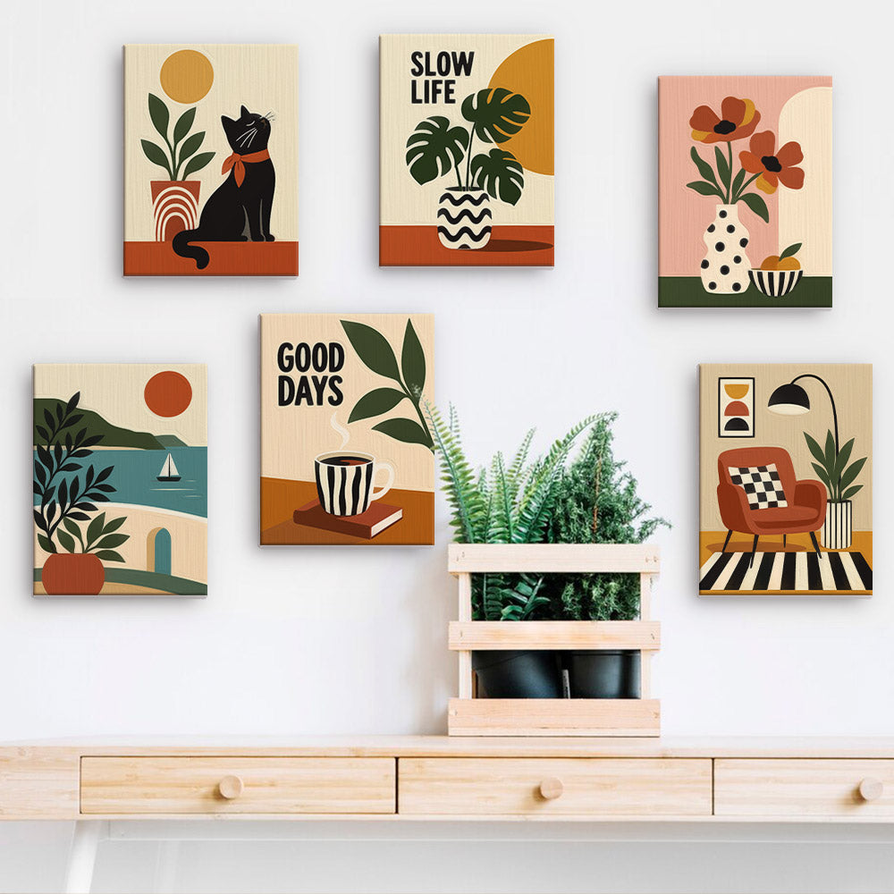 a wall with six colorful paintings and a wooden shelf below them. The paintings depict various scenes, including a cat, plants, and other abstract designs. The wooden shelf below the paintings has a plant and a lamp, adding a touch of nature and warmth to the space.