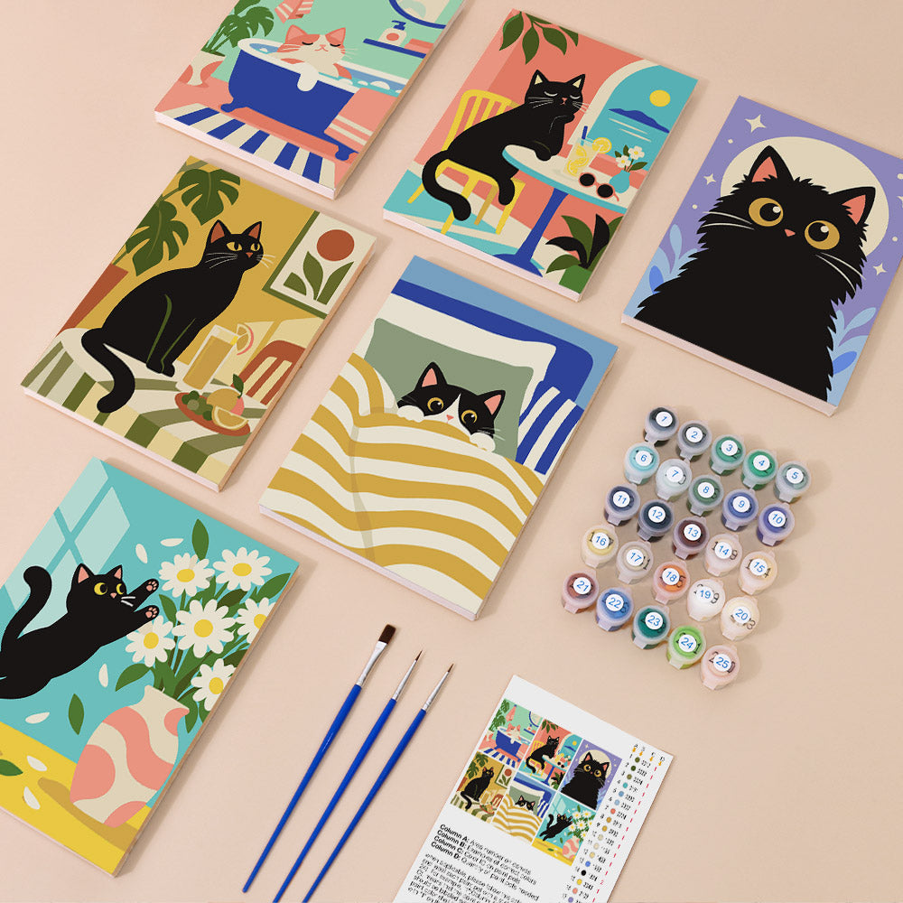 a collection of colorful illustrations of cats, along with art supplies such as paintbrushes and paint tubes, suggesting an art project or creative activity.