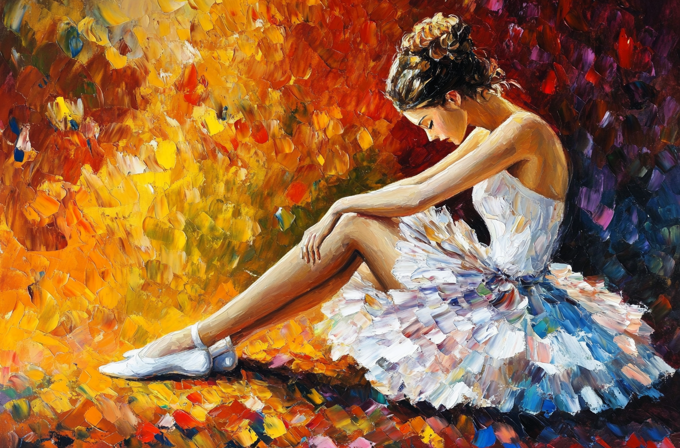 A woman in a white tutu is depicted in a vibrant, abstract painting with bold colors and brushstrokes.
