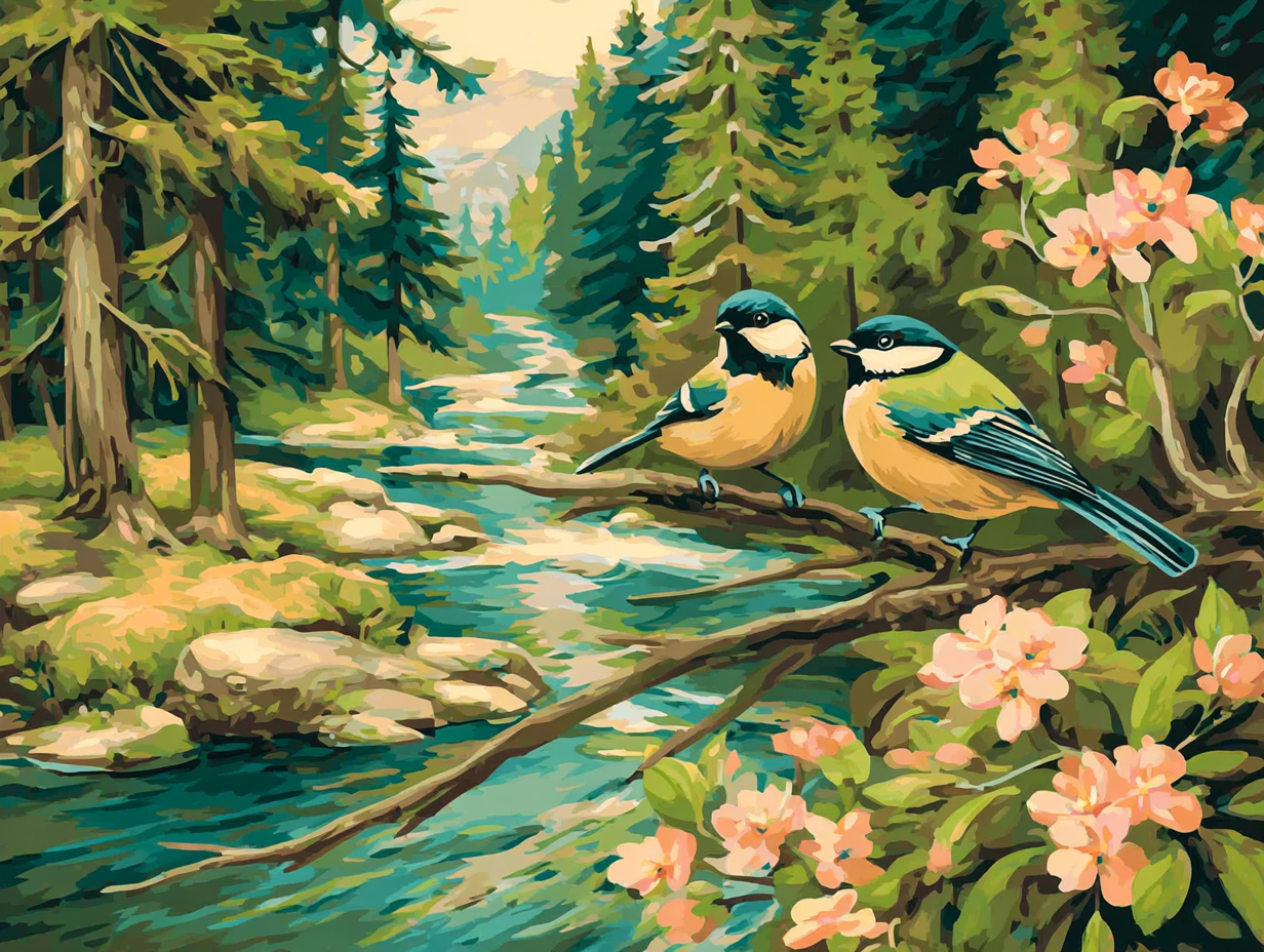 Two colorful birds perched on a branch overlooking a river, surrounded by lush greenery and blooming flowers.