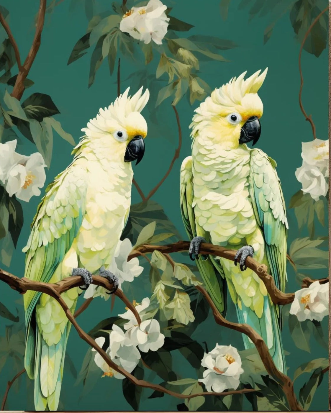 two vibrant yellow parrots perched on a branch, surrounded by lush green foliage and delicate white flowers.