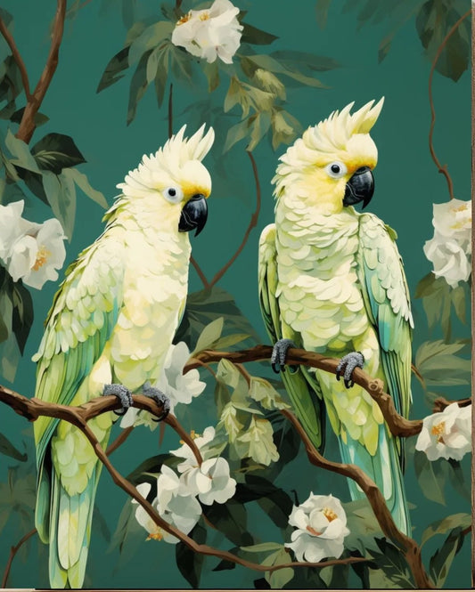two vibrant yellow parrots perched on a branch, surrounded by lush green foliage and delicate white flowers.