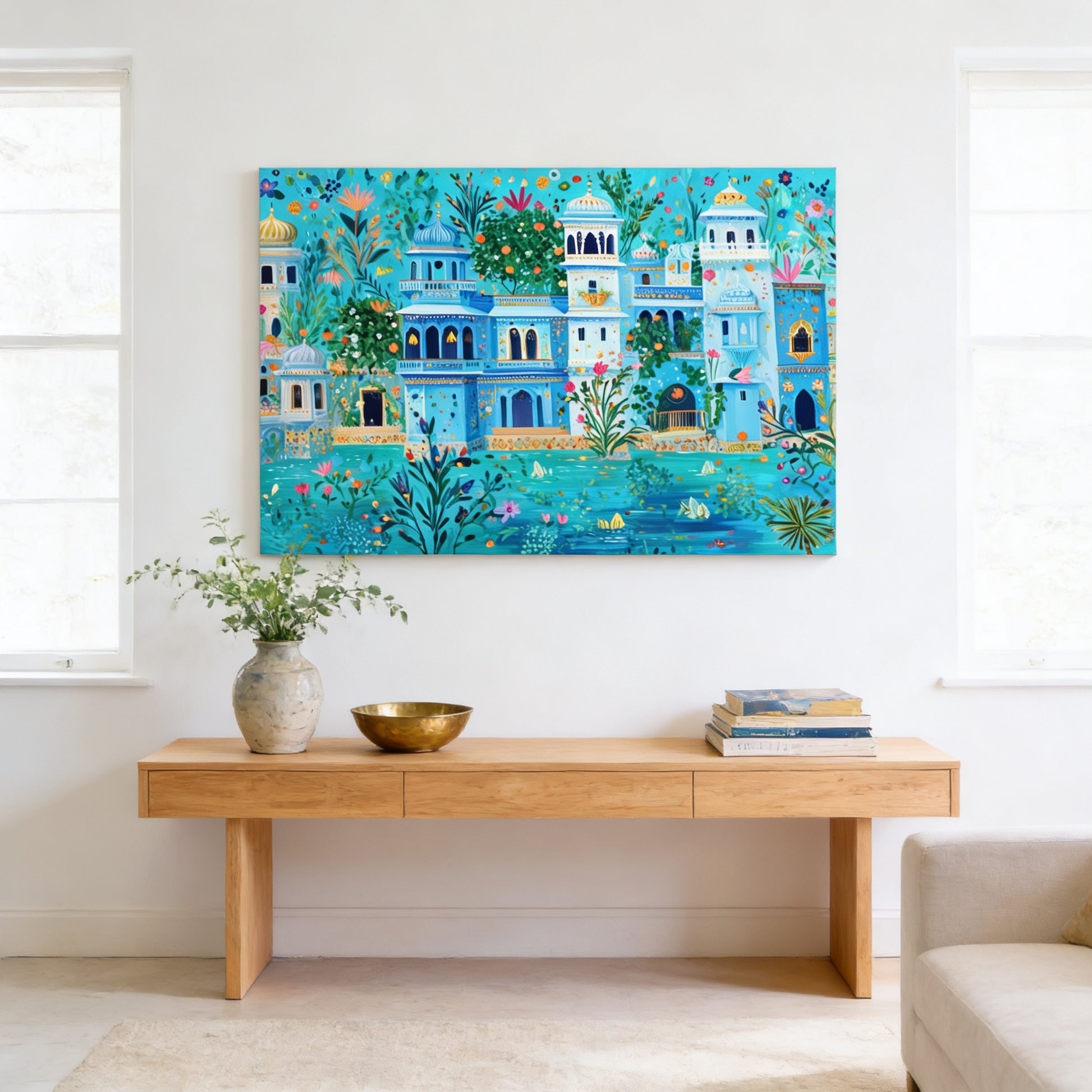 a large, colorful painting of a cityscape with buildings, trees, and a body of water, hanging on a white wall above a wooden console table.