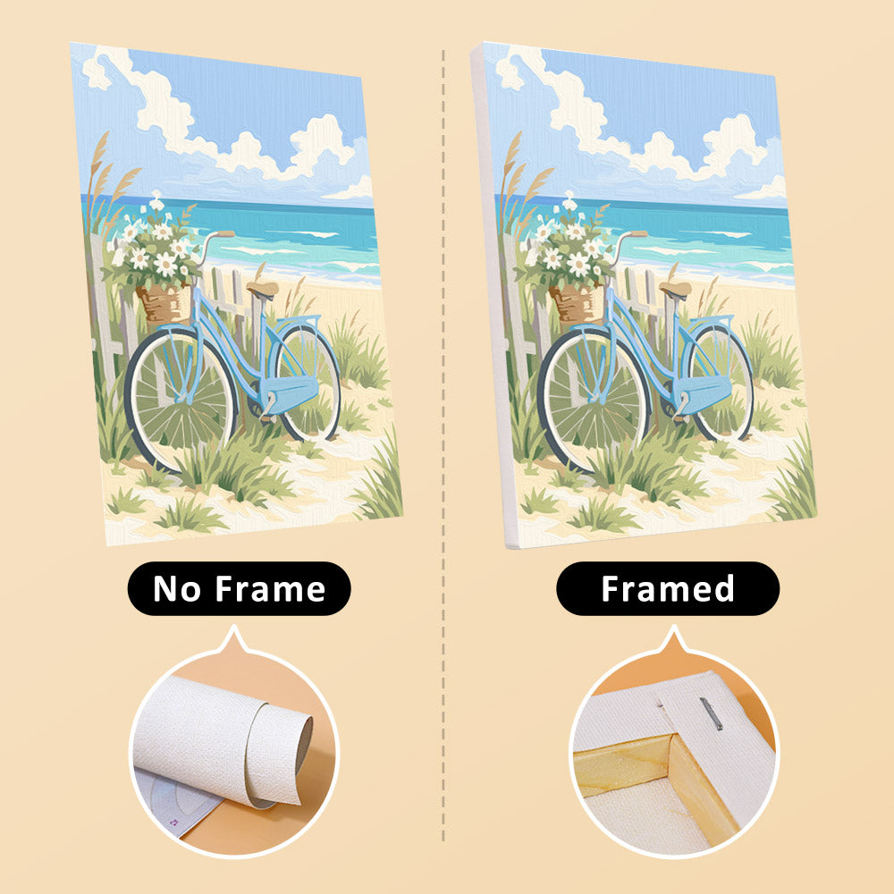 The image is a collage of two pictures, one with a bicycle and flowers in a basket, and the other without a frame. The text indicates that the image without a frame is labeled "No Frame" and the one with a frame is labeled " Framed".